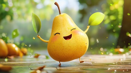 Image of a cute pear cartoon character dancing happily.