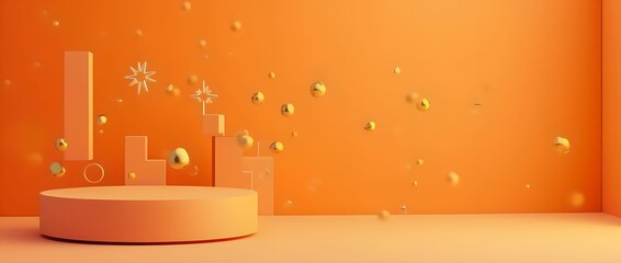Modern abstract scene with podium and geometric bubbles floating in the air on orange background
