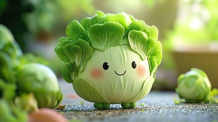 Photo of a cute cartoon character of cabbage smiling and happy.