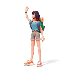 Cute kawaii funny asian brunette girl in blue t-shirt, gray shorts, red sneakers with green camping backpack, yellow mat stands waving one hand, goes out to travel. 3d render isolated white backdrop.
