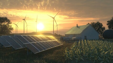 A hybrid energy system powering a remote farm, combining solar panels, wind turbines, and a biodiesel generator to ensure continuous power, even during low sunlight or wind conditions