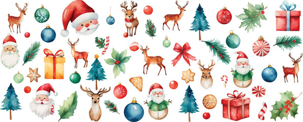 Christmas elements set design. Christmas collection of bells, Santa, deer, cookies, showman, tree, Hand Drawn Christmas Doodles, Christmas Celebration Related Object in Watercolor Style Illustration