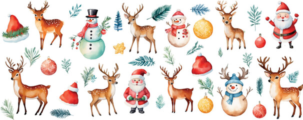 Christmas elements set design. Christmas collection of bells, Santa, deer, cookies, showman, tree, Hand Drawn Christmas Doodles, Christmas Celebration Related Object in Watercolor Style Illustration
