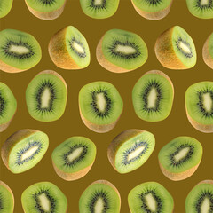 Fototapeta premium Kiwi halves seamless pattern for design. Juicy fresh fruit. Summer print wallpaper. Brown and green background