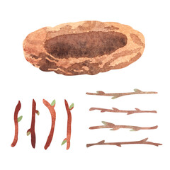 Empty bird nest and branches in simple childish style. Hand painted watercolor illustration, Isolated forest or park clipart on a transparent background, not AI.