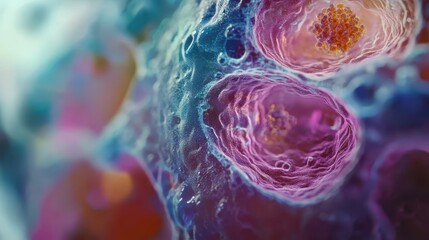 A close-up of a cell under a microscope, showcasing its intricate structure and organelles, with vibrant colors highlighting different parts of the cell.