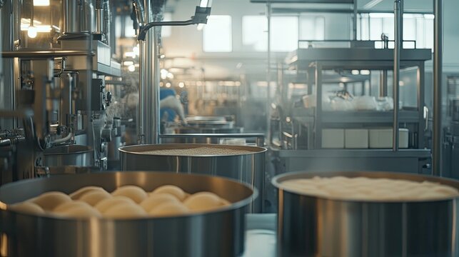 Photo of an industrial food processing plant with machinery and automated production lines, focusing on hygiene and efficiency, showing the process of transforming raw materials into packaged products