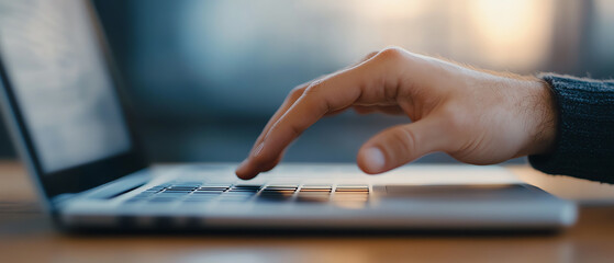 A focused hand reaching for the keyboard of a laptop, perfect for representing work, technology, or digital communication in a modern context.