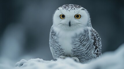 Fototapeta premium A snowy owl with piercing yellow eyes sits on a bed of snow, staring intently at the camera.
