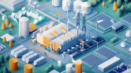 Photo of renewable energy facility, focusing on wind turbines and solar farms, with engineers monitoring the systems and analyzing data, highlighting the industry's shift to clean energy solutions.