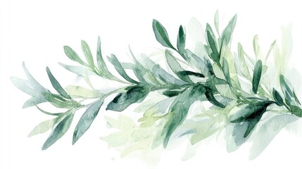 A gentle watercolor image of a small bunch of rosemary, painted in shades of green with fine details, isolated on a pure white background for a fresh look