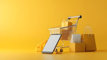 Online shopping cart with mobile devices shopping bags and delivery boxes on a bright yellow background representing the e commerce and digital retail experience