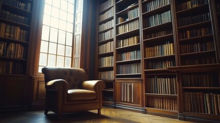 A snug library corner featuring dark wooden shelves brimming with books, a comfortable leather armchair, and a small window that invites in the soft glow of warm afternoon light.