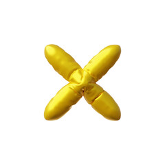 Realistic yellow inflated balloon cross shape 3D plastic vector icon, festive glossy golden foil symbol x helium balloon