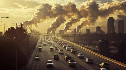 A dense cloud of greenhouse gas emissions from a traffic jam on a highway, where the accumulation of vehicle exhaust contributes to global pollution levels