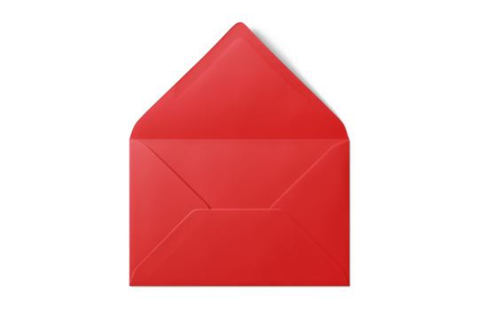 Opened red paper envelope mockup isolated on a transparent background, PNG. High resolution. 