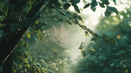 A dew-laden spider web stretched between two branches, sparkling in the soft light of early morning.
