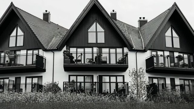 A row of modern houses with triangular roofs and balconies sit among a patch of tall grass
