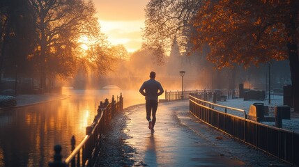A lone runner strides along a misty canal path at sunrise.