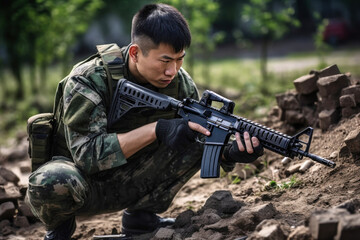 Naklejka premium A Chinese soldier crouches strategically while holding a rifle, preparing for an operation amidst rough terrain in a training exercise