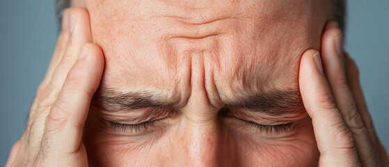 Fototapeta premium A man experiencing stress and discomfort, holding his head with both hands. The background is a soft shade to emphasize his facial expression.