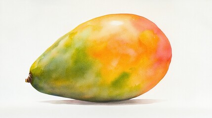 Fototapeta premium A lively watercolor painting of a ripe mango, showcasing vibrant orange and green colors, isolated on a white background for a tropical feel