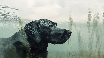 A portrait of a dog swimming in water