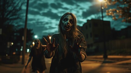Halloween, young girl dressed as a zombie, face painted like a zombie, hands sticking out in front of her like a zombie, walking towards the front of the screen
