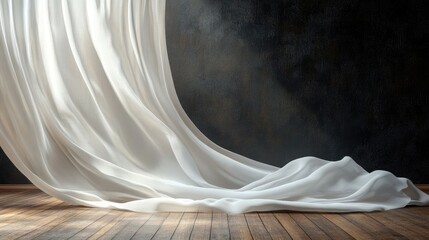 A luxurious ambiance with a flowing white curtain backdrop cascading over a warm wooden floor, beautifully contrasted by a black wall.