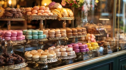 A traditional French bakery counter with rows of colorful macarons, artisan breads, and elegant...