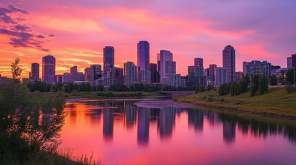 Obraz premium A modern city skyline at sunset, silhouetted against a pink and orange sky, with reflections glistening on a nearby river.