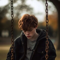 A teenager sitting alone on a park swing, looking down with a sullen expression, capturing the mood of adolescence.