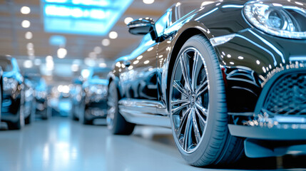 Luxurious black cars showcased in a modern showroom highlighting sleek designs and shiny chrome wheels during daytime
