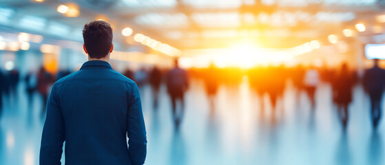 A person stands alone, gazing towards a bright, blurred background filled with indistinct figures, creating a sense of contemplation and solitude.