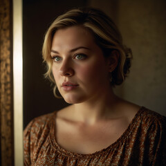 Portrait Of A Plus-size Woman Looking At A Vintage Mirror With Contemplative Expression, Warm Glow, Soft-focus, Emotional Portrait Self-reflection