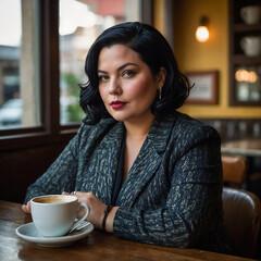 Plus Size Woman Confidently Enjoying Coffee at Cozy Vintage Cafe Joyful Expression mid-forties sipping espresso, chic outfit