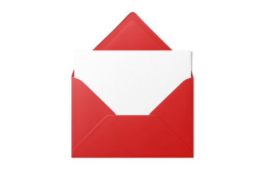 Opened red envelope mockup with blank paper isolated on a transparent background, PNG. High resolution.  - Powered by Adobe