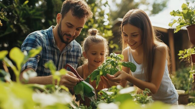 A family using sustainable water practices at home, with water-saving devices such as low-flow faucets and a smart irrigation system for the garden, reducing overall consumption