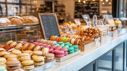 Fototapeta premium A traditional French bakery counter with rows of colorful macarons, artisan breads, and elegant pastries, arranged meticulously under a glass display