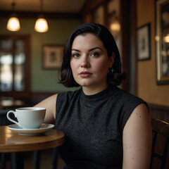 Plus Size Woman Confidently Enjoying Coffee at Cozy Vintage Cafe Joyful Expression mid-forties sipping espresso, chic outfit