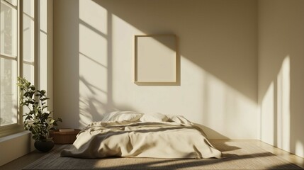 Modern minimalistic interior, a bed in the bedroom against an empty white wall, a carpet on the floor, a small square unframed painting on the wall
