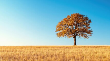 Fototapeta premium Lonely tree in a golden field under a clear blue sky, nature's serene beauty.