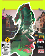 Contemporary art collage blending urban fashion, cityscapes, and vintage street culture. Composition with bold colors, warning labels, and handwritten elements. Concept of 90s aesthetic. Y2k style