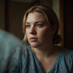 Portrait Of A Plus-size Woman Looking At A Vintage Mirror With Contemplative Expression, Warm Glow, Soft-focus, Emotional Portrait Self-reflection