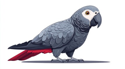 Obraz premium A gray parrot with a red tail, standing on a white background.