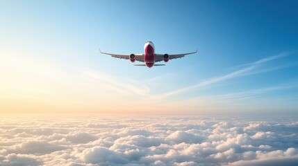Obraz premium Airplane flying above clouds at sunset