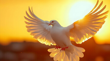 Fototapeta premium White Dove with Flapping Wings at Sunset
