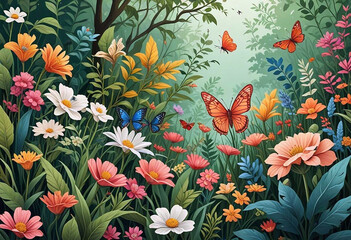 Beautiful blooming garden with bright flowers and many colorful butterflies fluttering among the foliage against the backdrop of a sunny sky