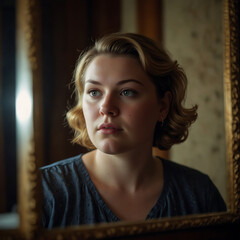 Portrait Of A Plus-size Woman Looking At A Vintage Mirror With Contemplative Expression, Warm Glow, Soft-focus, Emotional Portrait Self-reflection