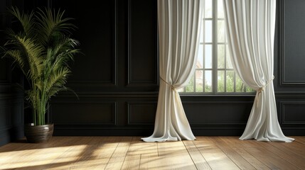 A refined interior featuring a luxurious white curtain backdrop on a wooden floor, beautifully contrasted with a bold black wall for sophistication.